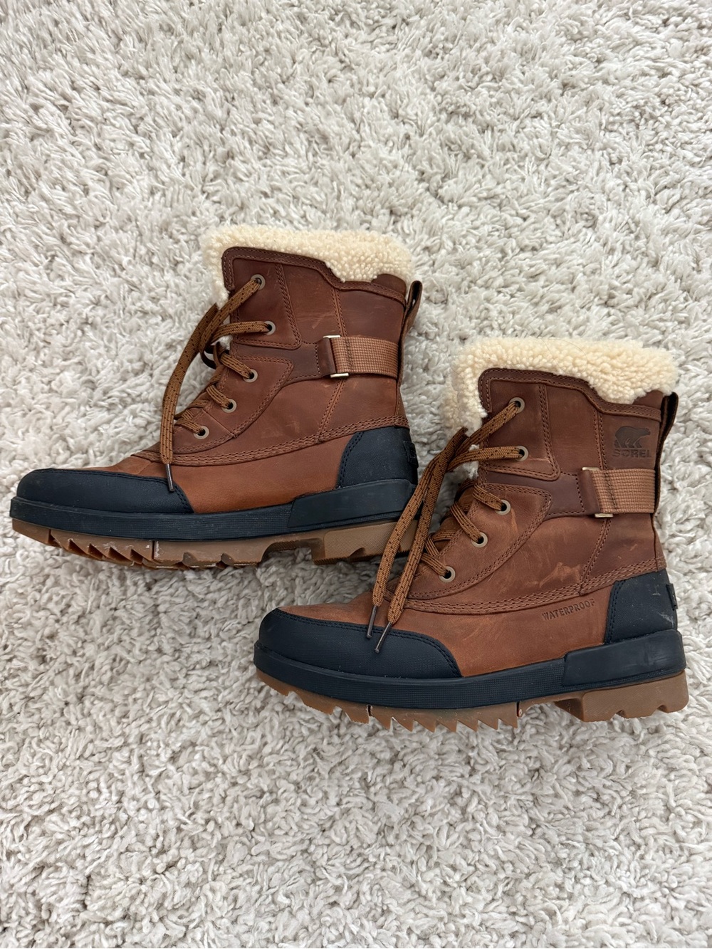 Sorel Women’s Brown and Black Shearling-Trim Waterproof Winter Boots